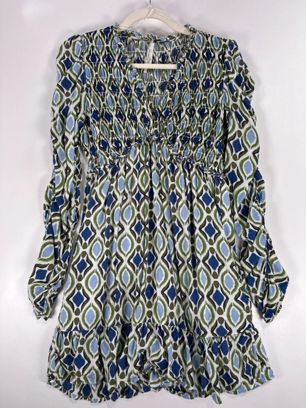 By Anthropologie Ruffle Mini Dress Smocked Long Sleeve Ikat Blue Green S - Picture 2 of 14